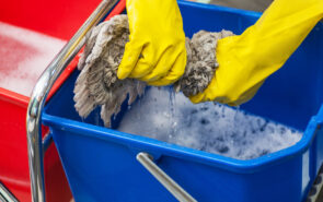 Cleaning concept. Closeup photo of woman cleaning at the office